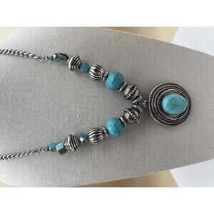 Turquoise and Silver Beaded Statement Necklace